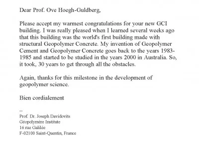 Email from Professor Davidovits